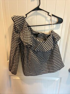 Navy and White Gingham One-Shoulder Top Preppy Summer Coastal Cotton NWT NEW
